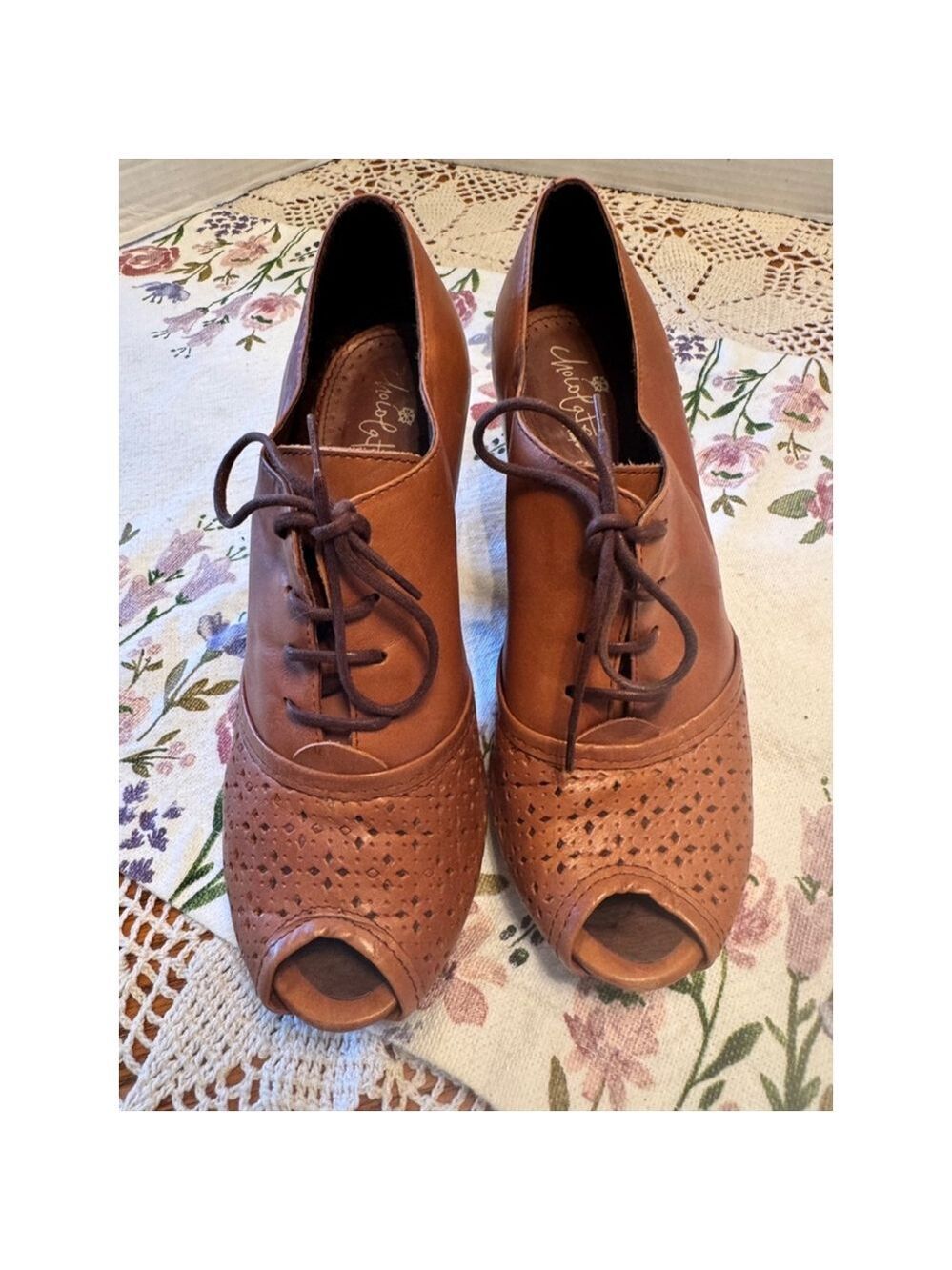 Chocolate Brown Leather Heels Lace Up Peep Toe Women's Size 6.5